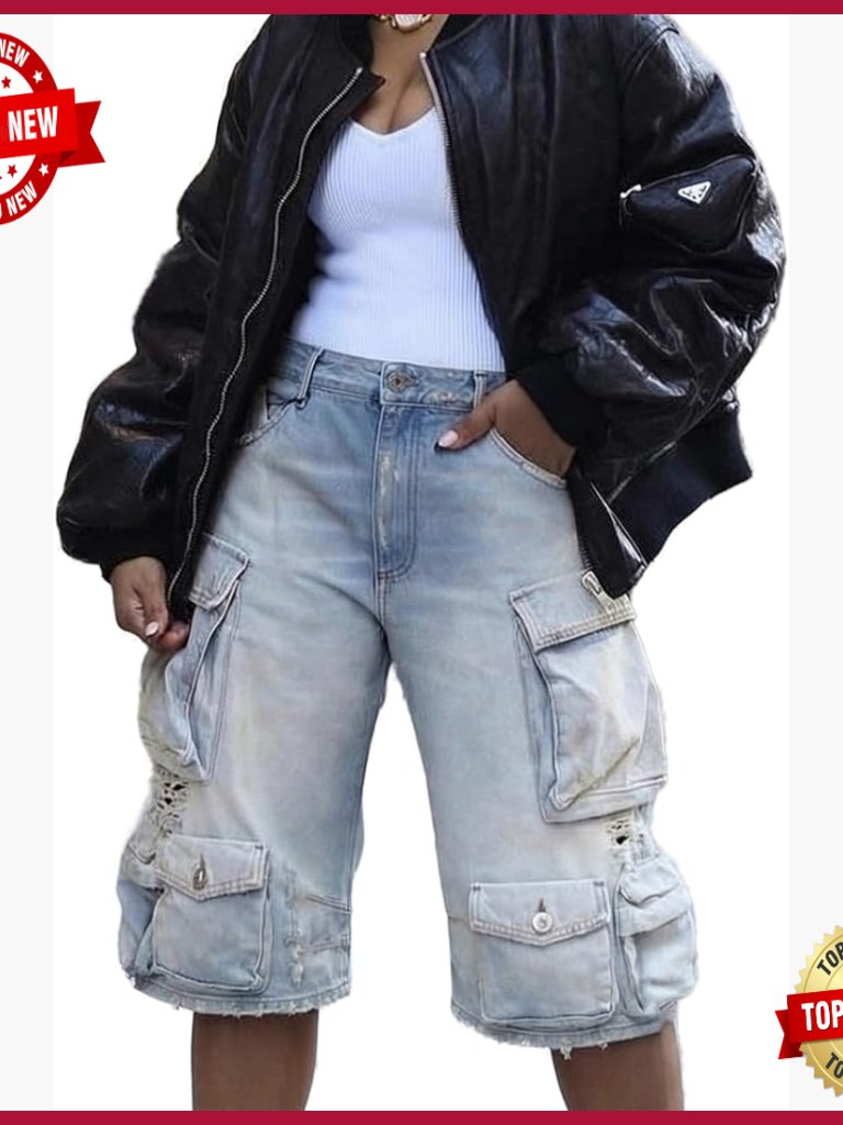 High Waisted Cargo Denim Shorts With Pockets Straight Leg Y2k Trendy